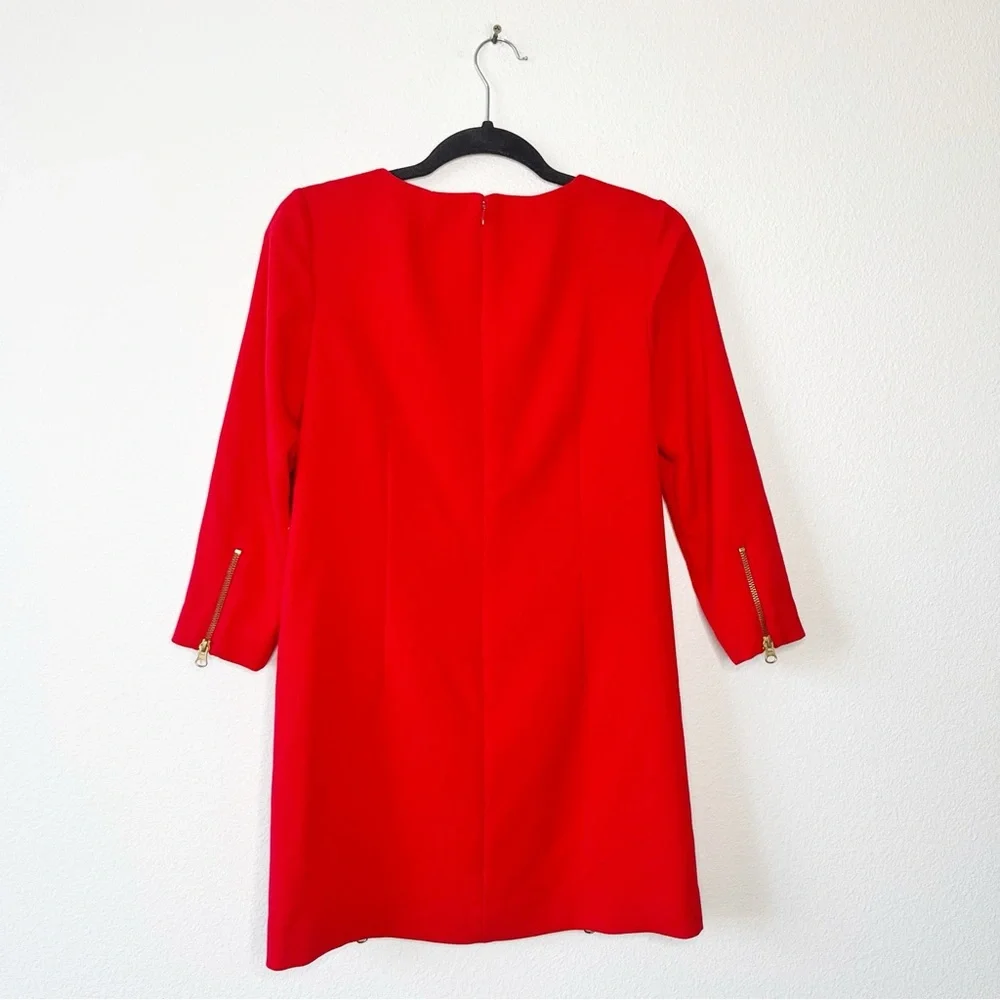 J. CREW Double Zip Shift Dress Red Gold Zipper 3/4 Sleeve Sheath Size 2P Chic